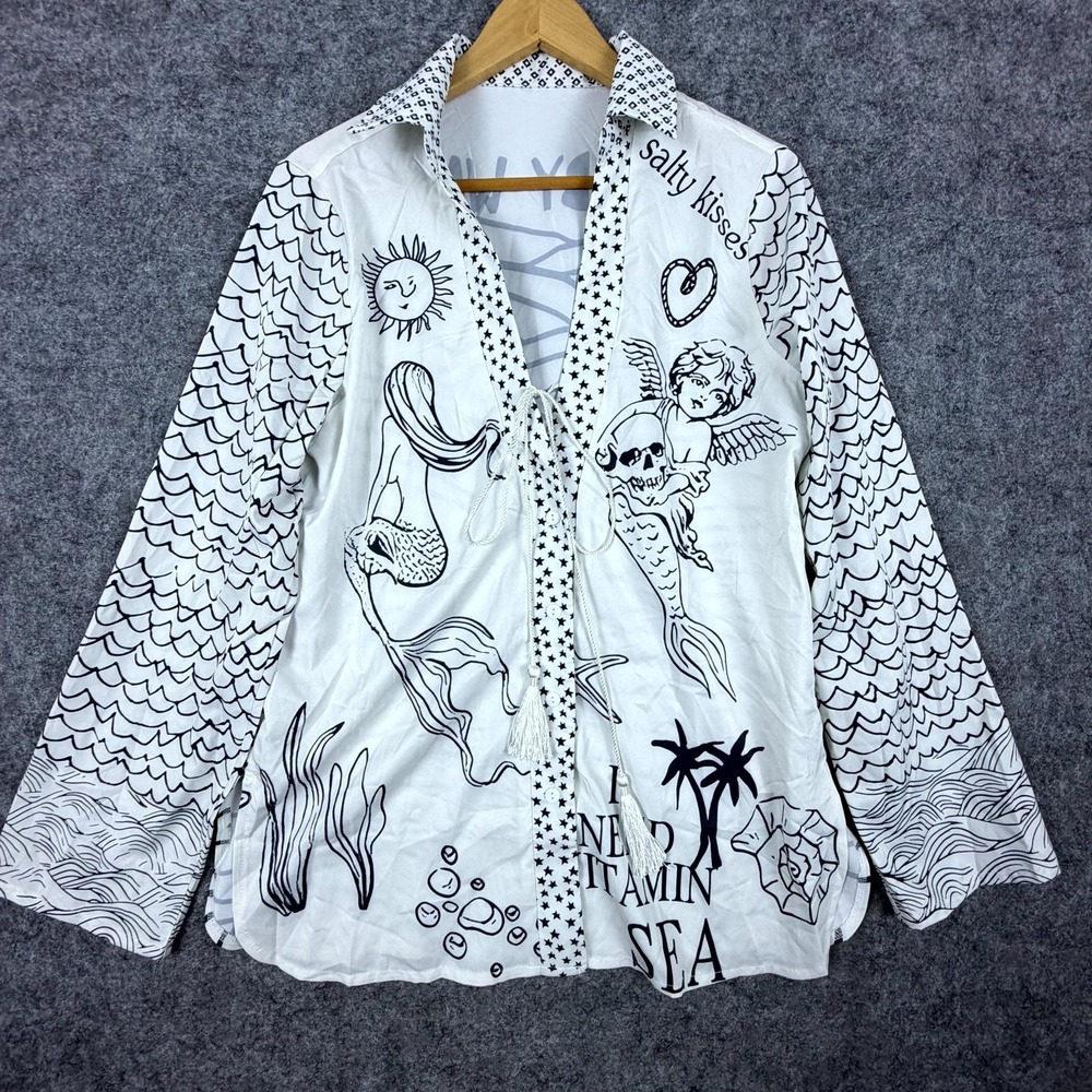 Womens Top Large White Black Y2K‎ Funky Fun Edgy Mermaids Skulls Button Front